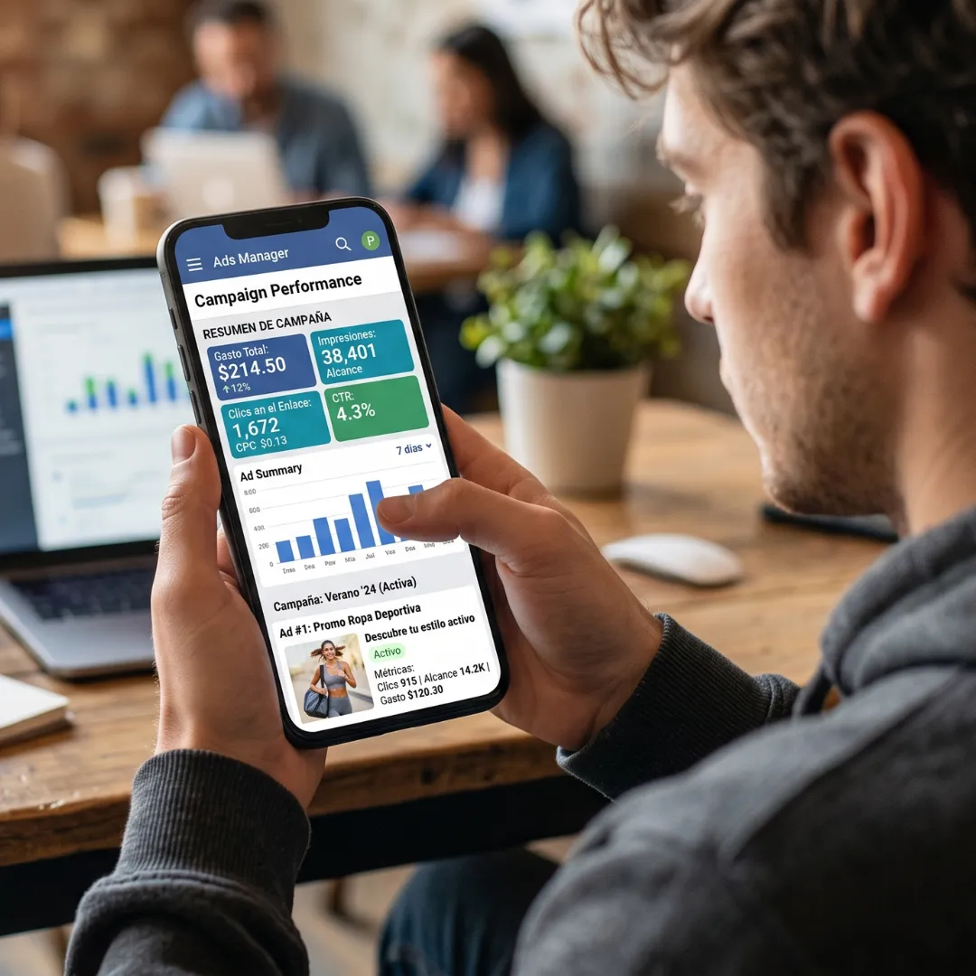 Como crear anuncios que aumenten mis ventas Un comerciante evaluando las métricas de sus campañas de anuncios en Facebook